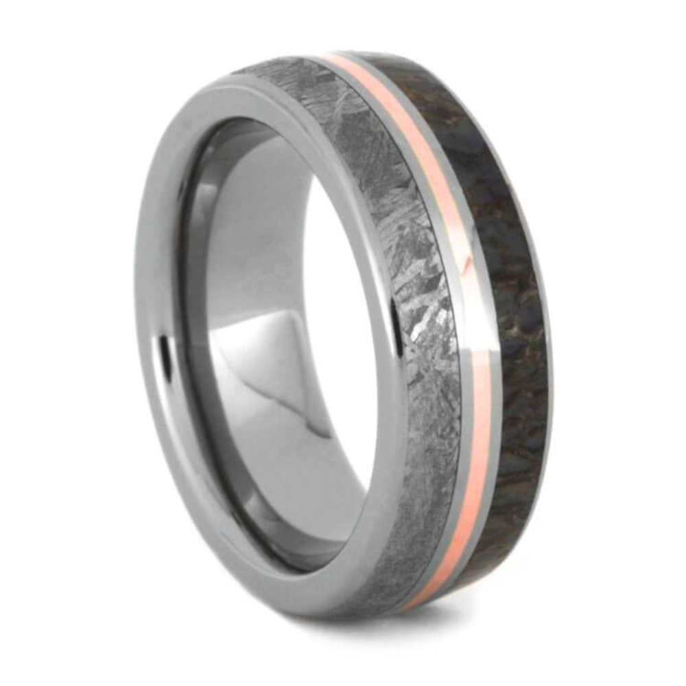 Dinosaur Bone, Gibeon Meteorite, 14k Rose Gold  7mm Comfort-Fit Titanium Wedding Band