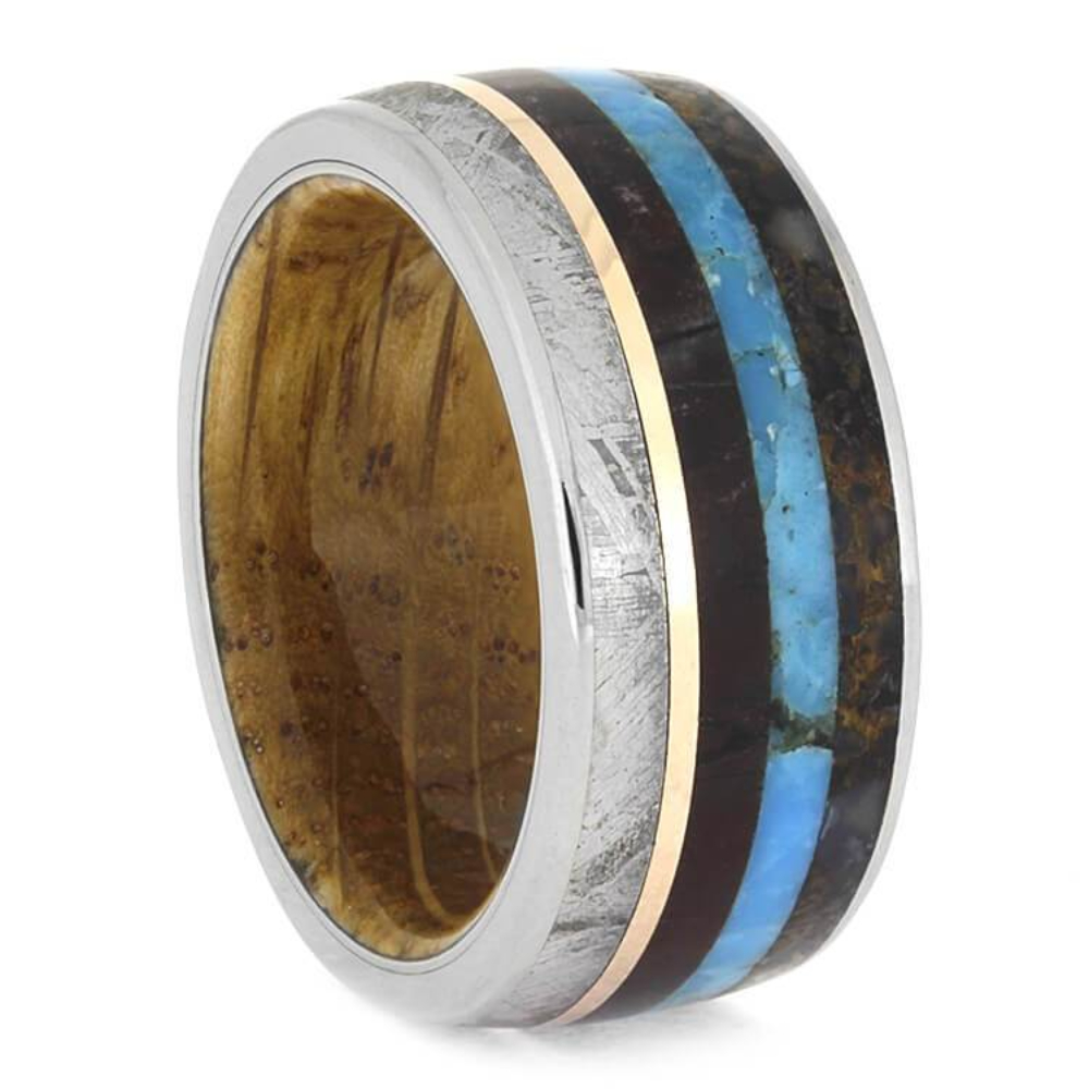 Dinosaur Bone, Petrified Wood, Gibeon Meteorite, Turquoise with 14k Rose Gold 10mm Comfort-Fit Titanium Wedding Band