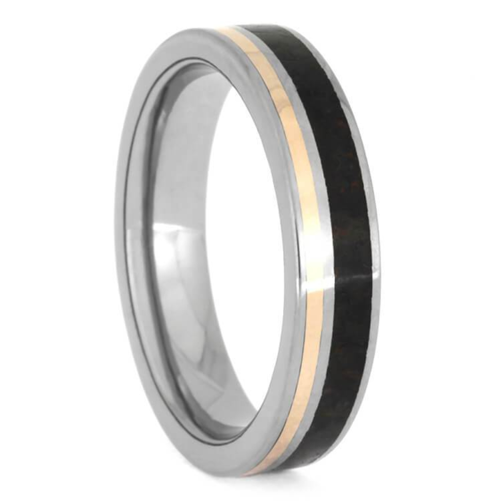  BLACK DIAMOND WEDDING BAND, METEORITE RING WITH DINOSAUR BONE