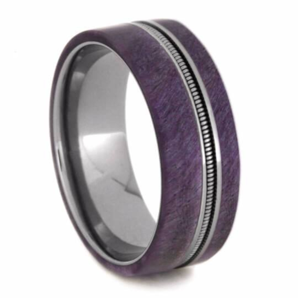 Purple Box Elder Wood, Guitar String Inlay 8mm Comfort-Fit Titanium Wedding Band