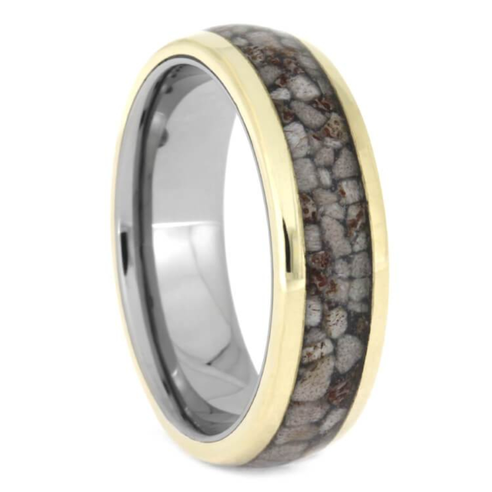 HANDMADE 14K YELLOW GOLD RING WITH CRUSHED DEER ANTLER, TITANIUM WEDDING BAND