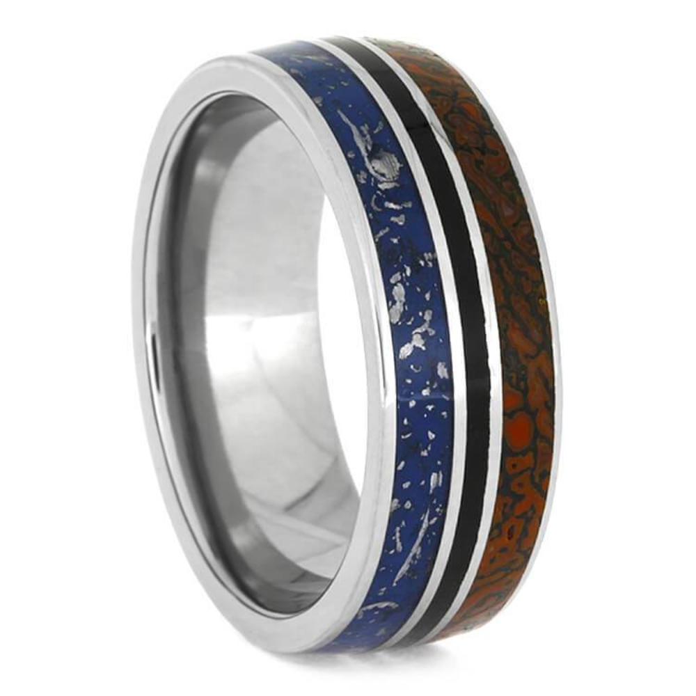 FOSSIL METEORITE RING, BLUE STARDUST WEDDING BAND WITH ENAMEL, TITANIUM RING