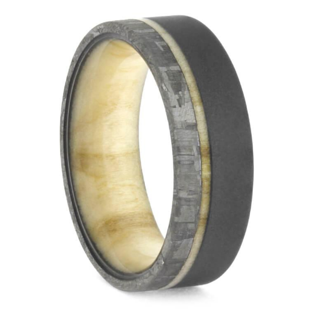 SANDBLASTED METEOR RING, ASPEN WOOD WEDDING BAND WITH METEORITE