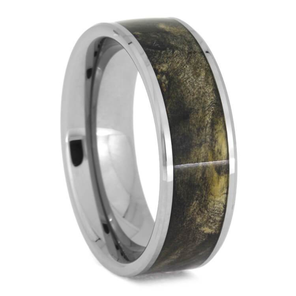 Buckeye Burl Wood Wedding Band, Beveled Tungsten Ring