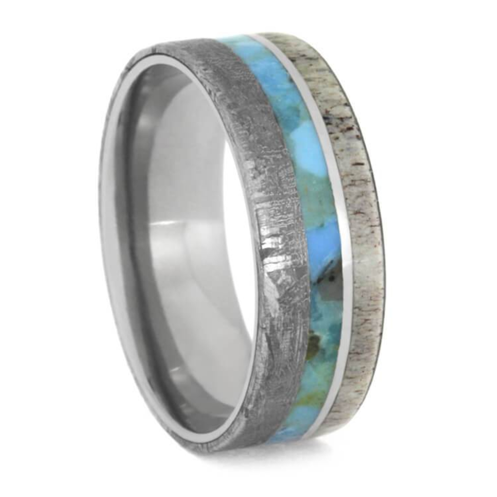 TURQUOISE RING WITH METEORITE AND DEER ANTLER EDGES, TITANIUM