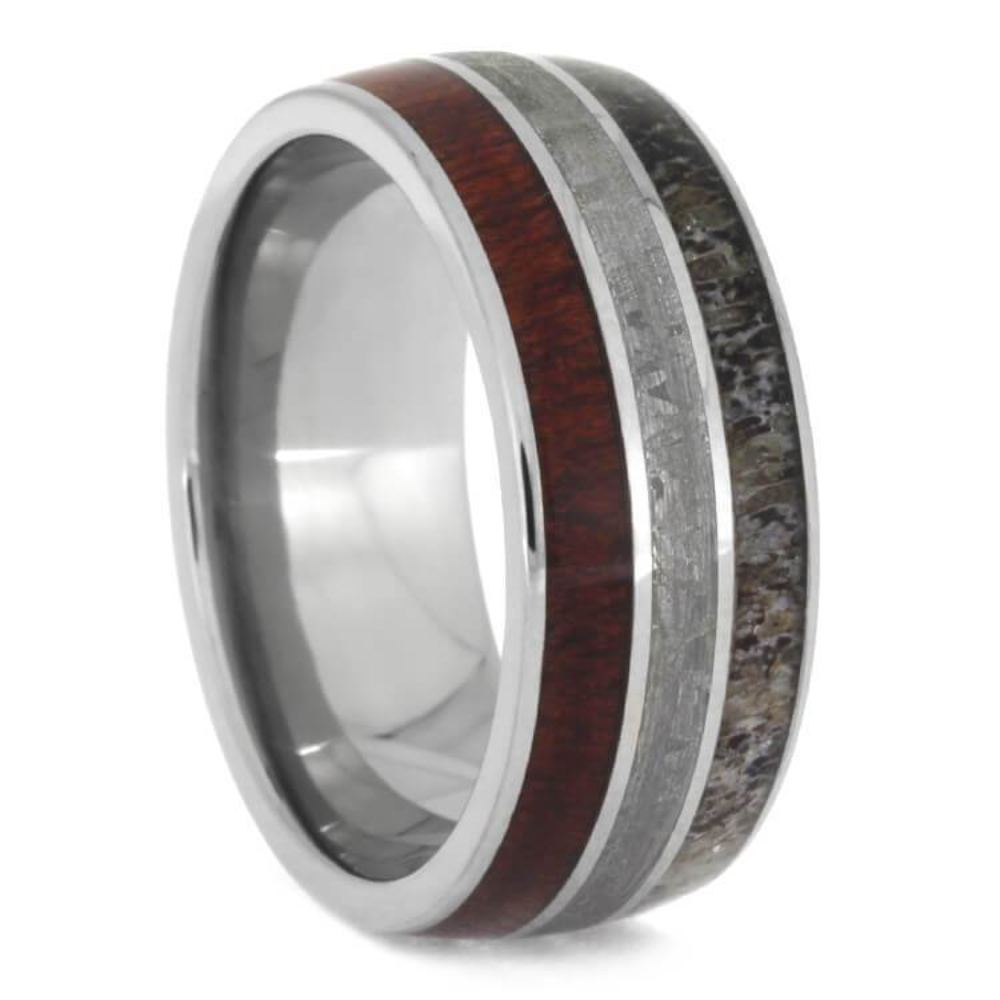 HNATURAL WEDDING BAND, BLOODWOOD AND METEORITE RING WITH DEER ANTLER INLAY