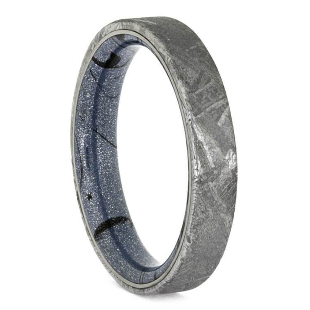 BLUE MOKUME METEORITE RING, MOKUME GANE WEDDING BAND WITH METEORITE OVERLA