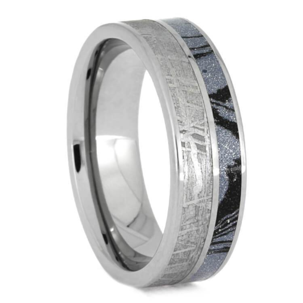 BLUE TITANIUM WEDDING BAND, METEORITE RING WITH MOKUME GANE