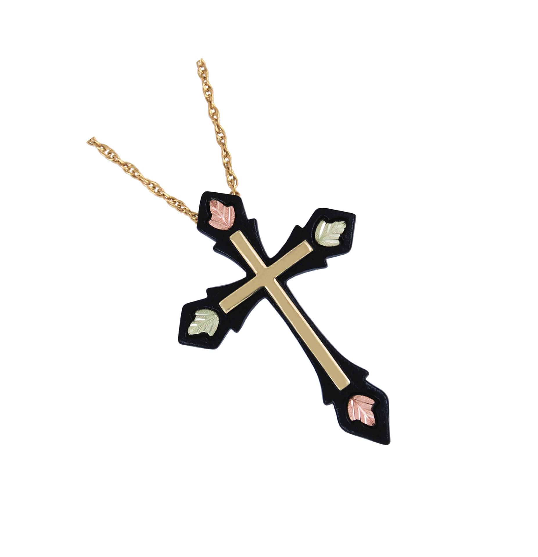 Cross Pendant Necklace, 10k Yellow Gold, 12k Green and Rose Gold Black Hills Gold Motif