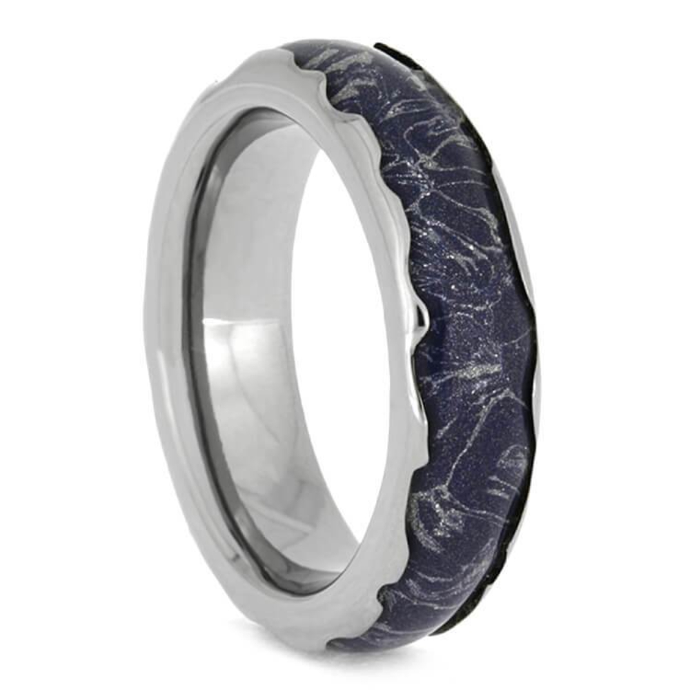 BLUE MOKUME GANE RING, TITANIUM WEDDING BAND WITH WAVY EDGES