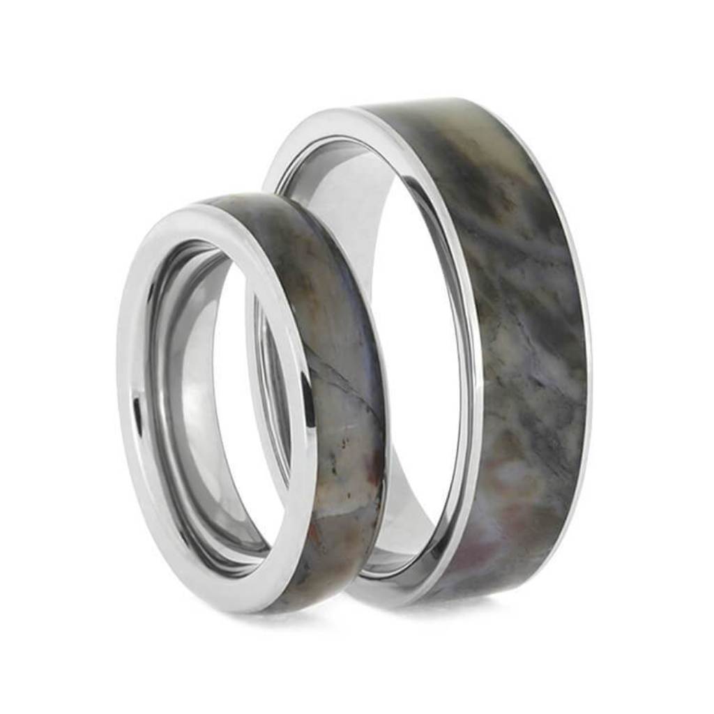 Petrified Wood Comfort-Fit Titanium  Couples Wedding Band Set