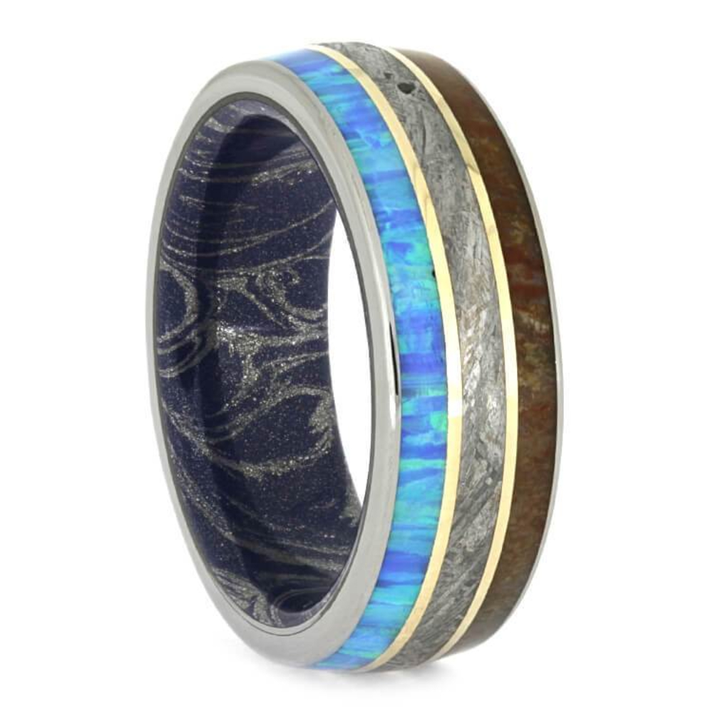  METEORITE AND FOSSIL RING WITH MOKUME SLEEVE AND YELLOW GOLD PINSTRIPES