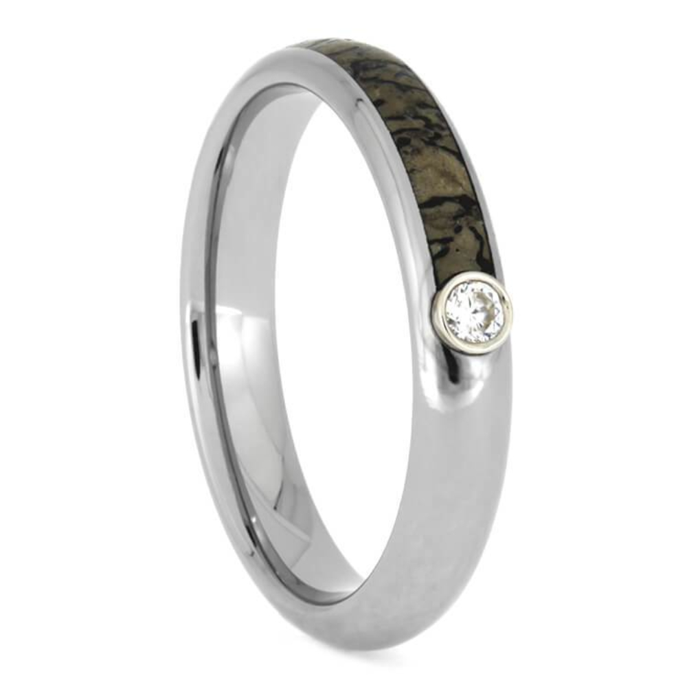 DINOSAUR BONE WEDDING BAND, TITANIUM RING WITH MOISSANITE