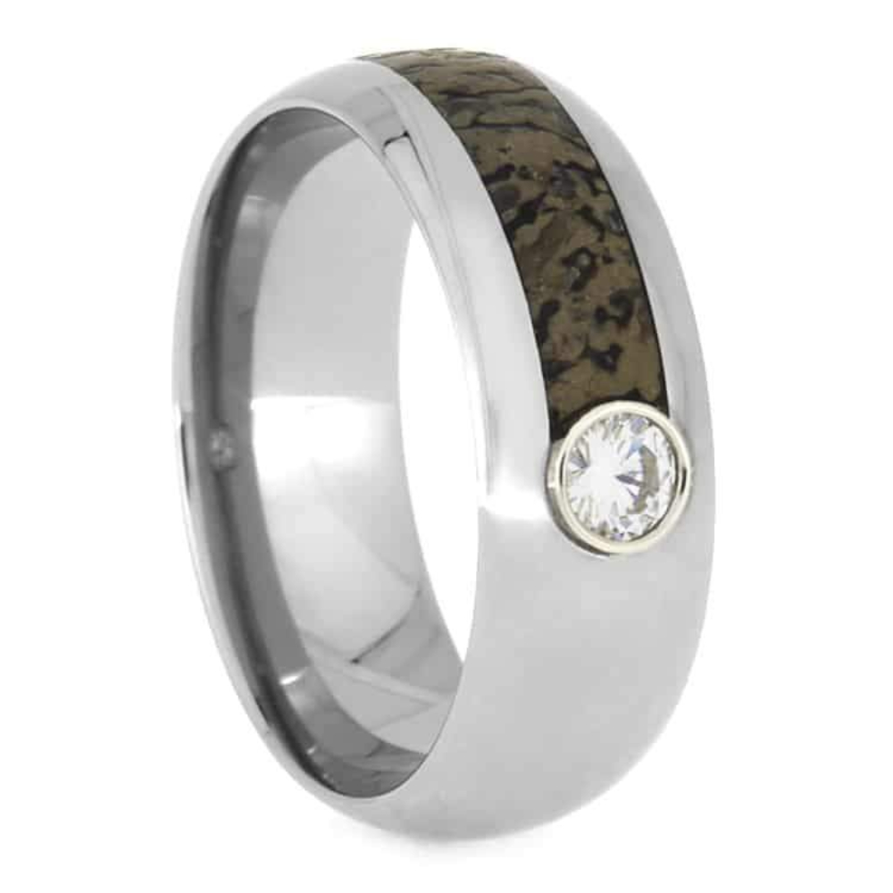 FOSSIL WEDDING BAND, TITANIUM RING WITH MOISSANITE AND PARTIAL DINOSAUR BONE