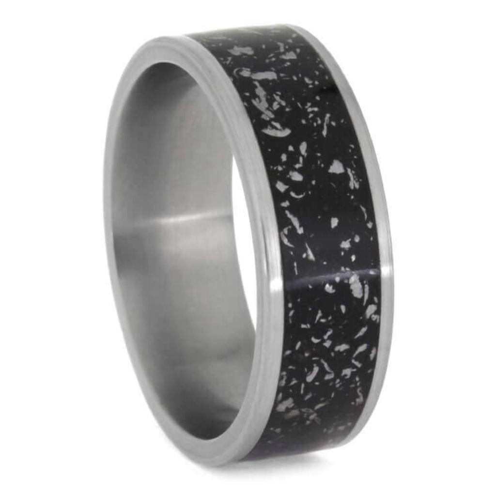 Black Stardust with meteorite shavings, Titanium Edges 8mm Tungsten Comfort-Fit Masculine Wedding Band