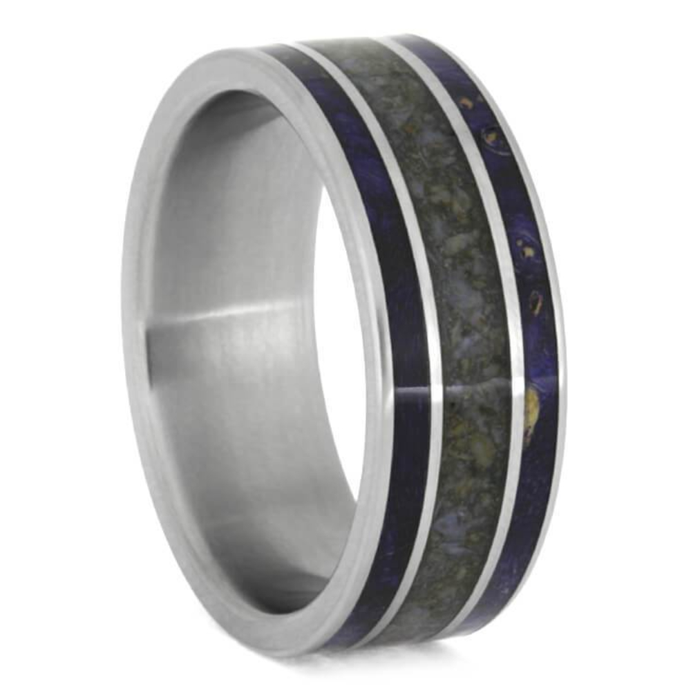 BLUE WOOD WEDDING BAND, CRUSHED DINOSAUR BONE IN TITANIUM RING