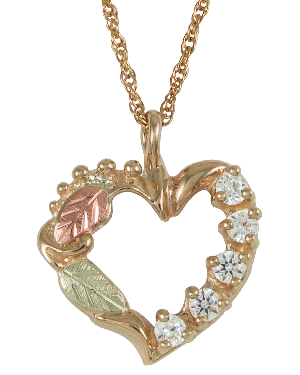 Aquamarine, Pink Tourmaline, Smoky Quartz Heart Pendant Necklace, 10k Yellow Gold, 12k Green and Rose Gold Black Hills Gold Motif