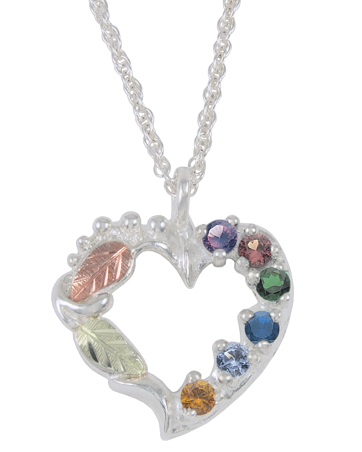  Amethyst, Garnet, Emerald, Sapphire, Aquamarine, Citrine Heart Pendant Necklace, Sterling Silver. 