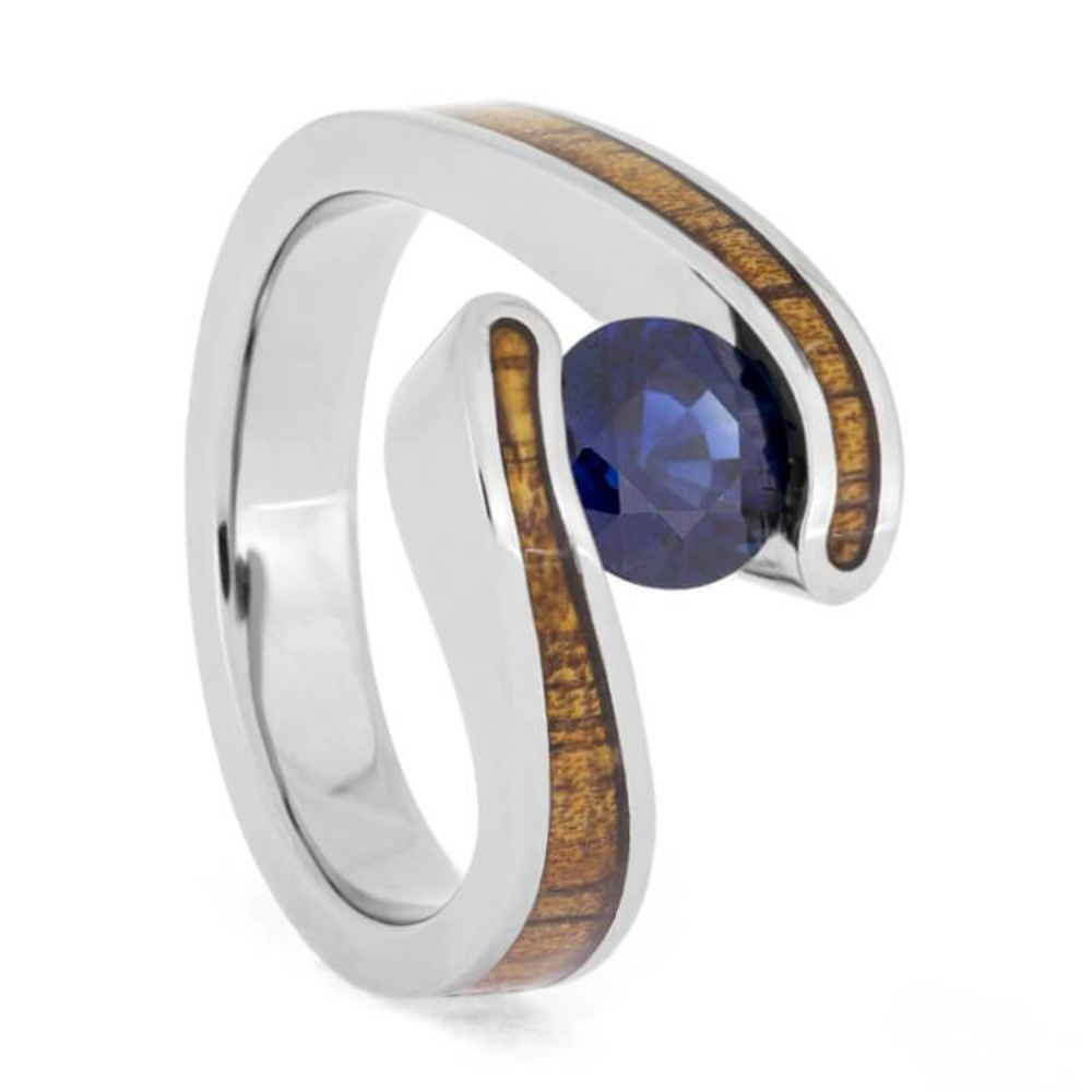 KOA WOOD ENGAGEMENT RING, SAPPHIRE IN TENSION SETTING, TITANIUM RING