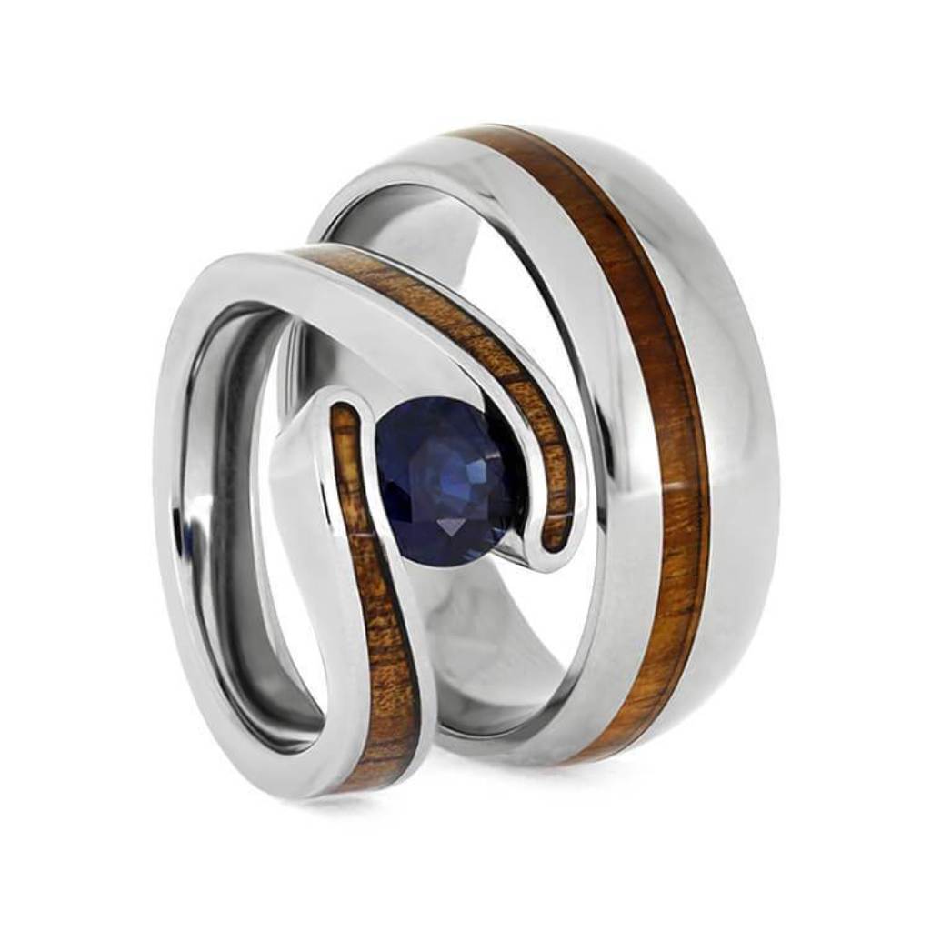 Blue Sapphire, Koa Wood Comfort-Fit Titanium Couples Wedding Band Set