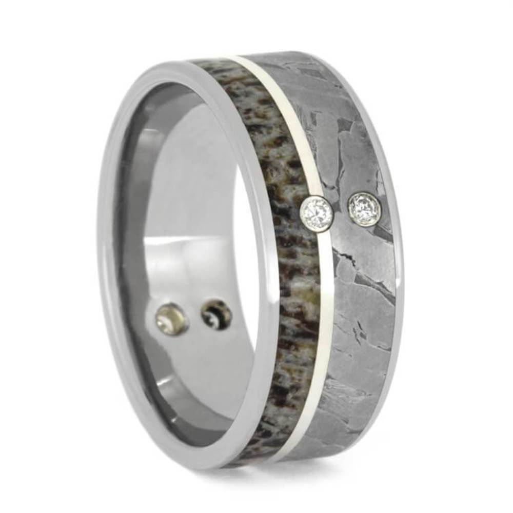 Diamond, Seymchan Meteorite, Deer Antler, Sterling Silver 9mm Comfort-Fit Titanium Wedding Band  