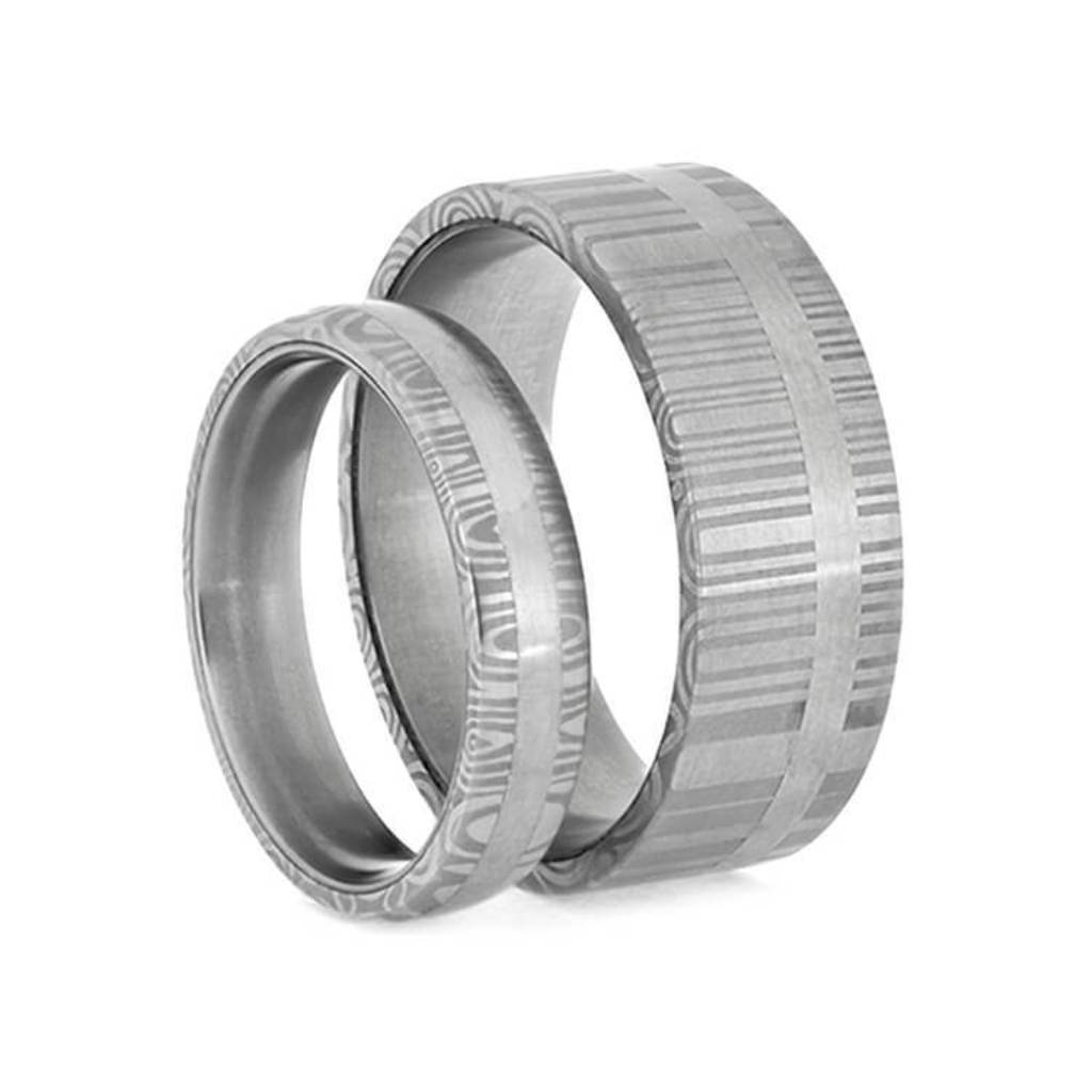 Damascus Steel, Stainless Steel Sleeve Comfort-Fit Titanium  Couples Wedding Band Set