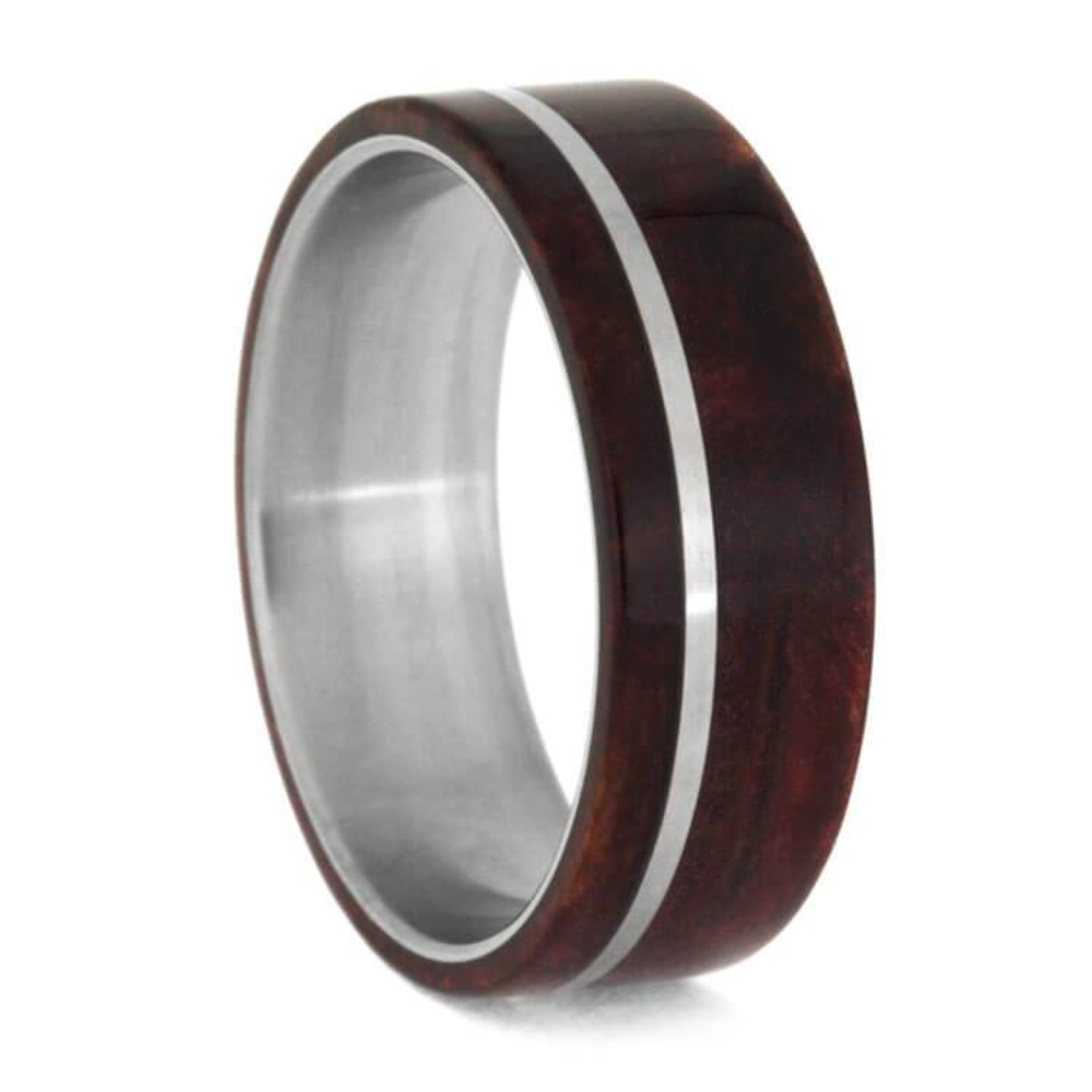 RUBY REDWOOD WEDDING BAND, MATTE TITANIUM RING