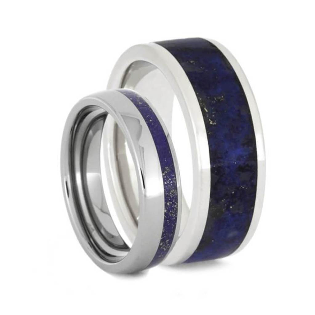 Lapis Lazuli, Platinum with Comfort-Fit Titanium  Couples Wedding Band Set