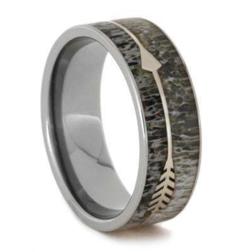 DEER ANTLER WEDDING BAND WITH STERLING SILVER ARROW, TITANIUM RING