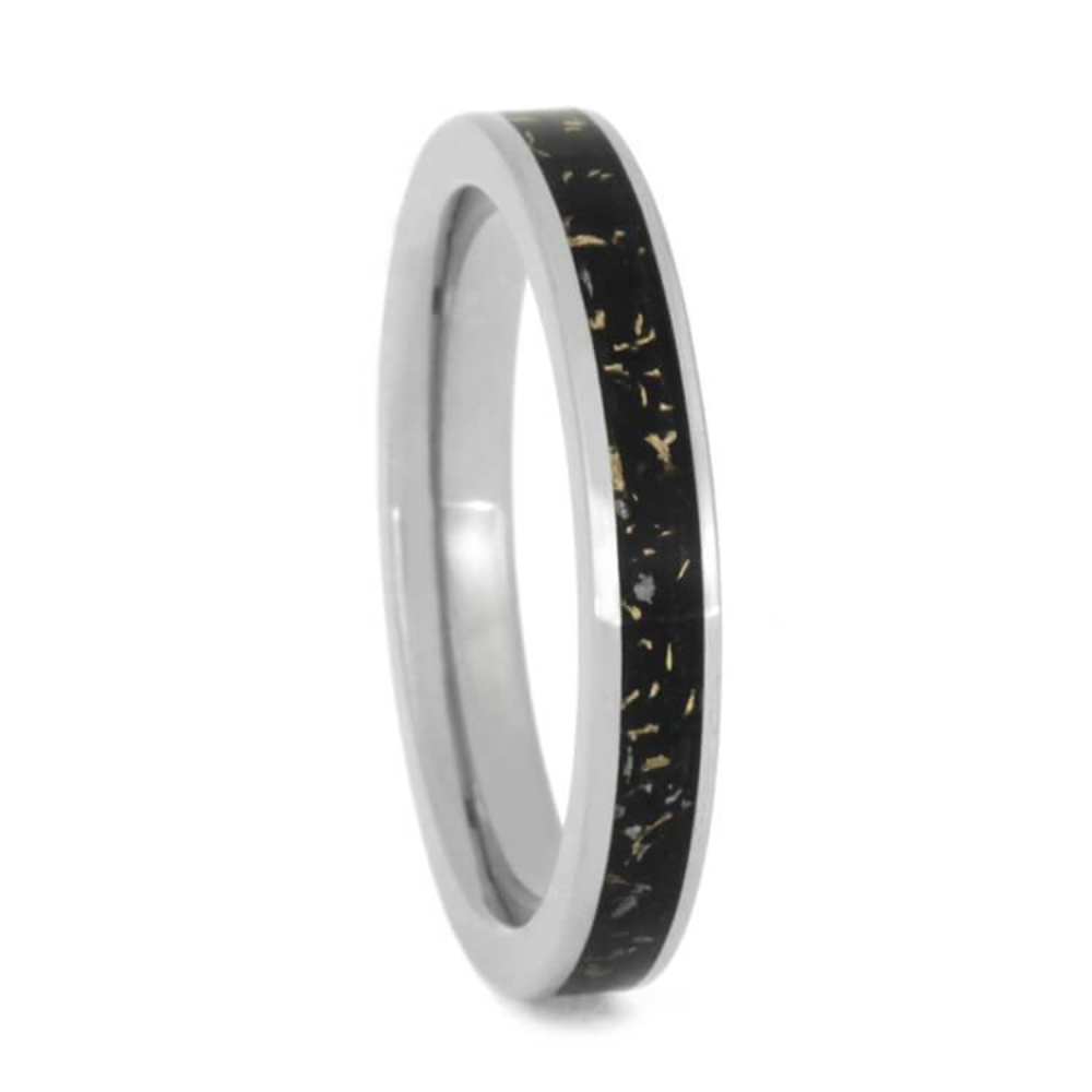 THIN BLACK STARDUST WEDDING BAND, TITANIUM RING WITH METEORITE