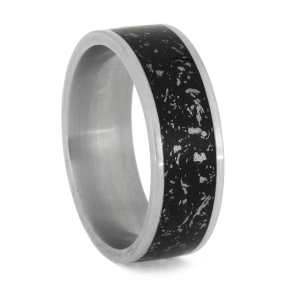 BLACK STARDUST WEDDING BAND, METEORITE RING WITH MATTE TITANIUM FINISH