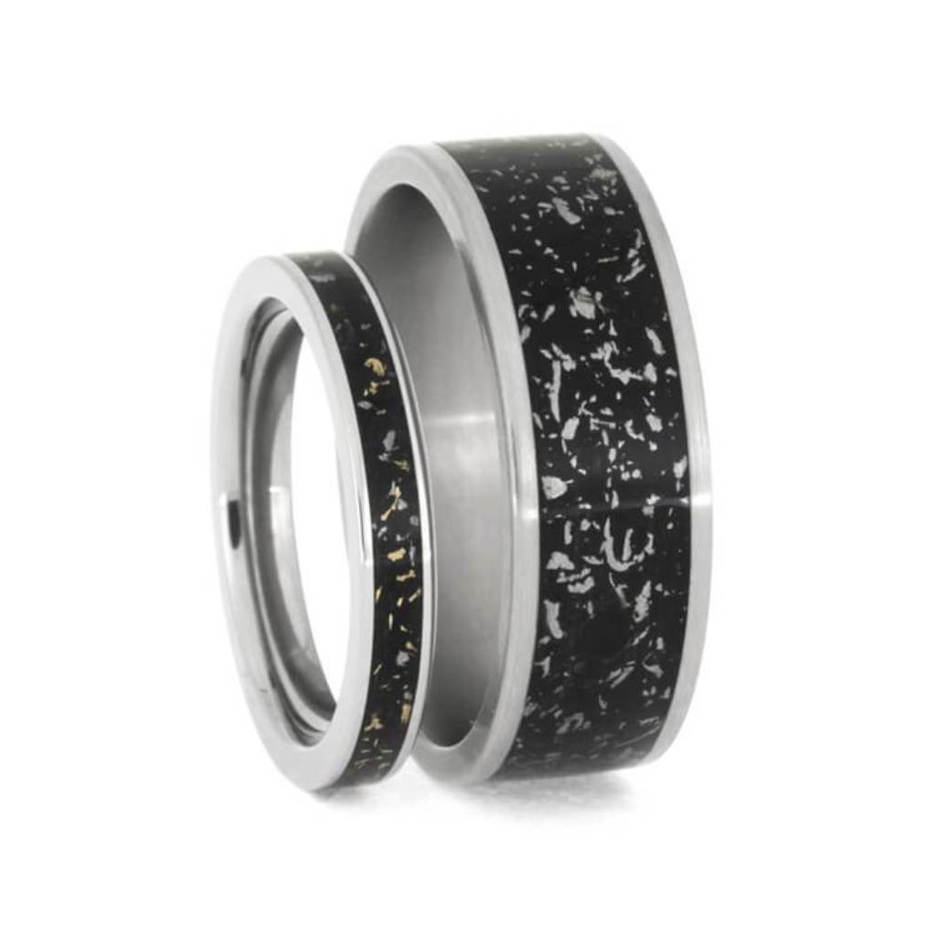 Black Stardust Wedding Band Set, His And Hers Meteorite Rings