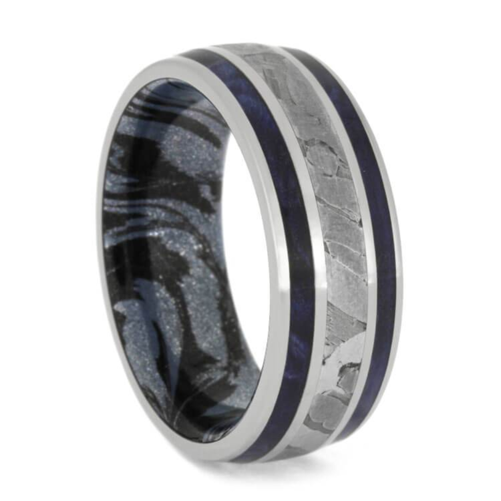  SEYMCHAN METEORITE AND MOKUME RING, TITANIUM BAND WITH BLUE BOX ELDER BURL