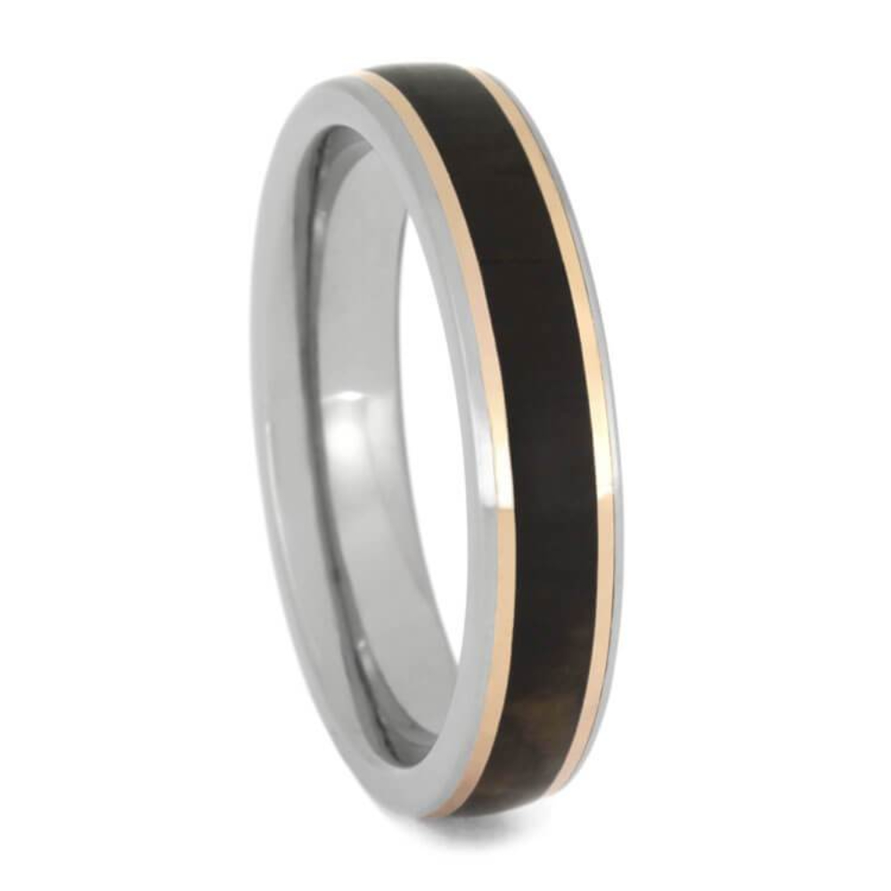  PETRIFIED WOODEN BAND WITH 14K ROSE GOLD ACCENT, TITANIUM RING