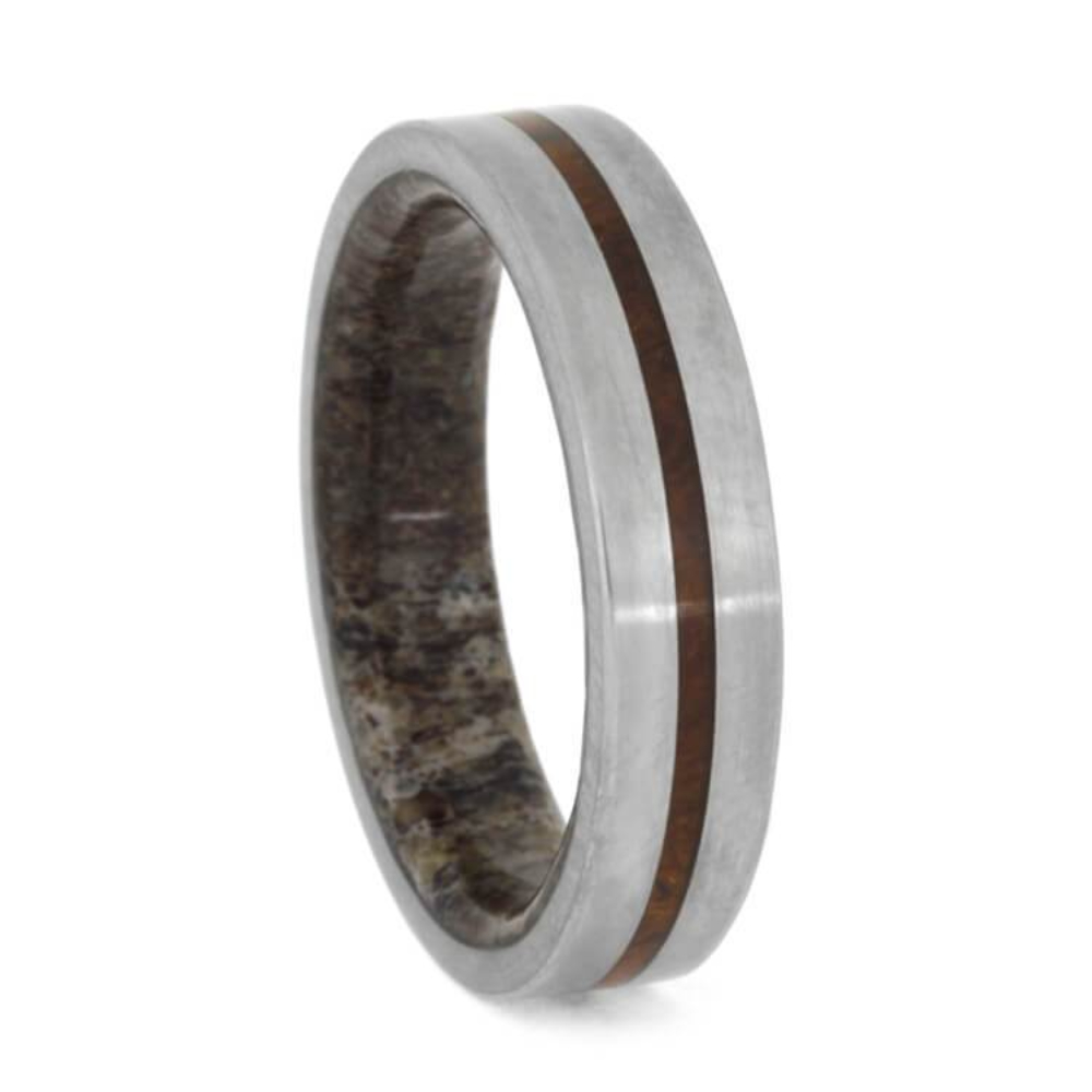  IRONWOOD BURL RING WITH DEER ANTLER SLEEVE, TITANIUM RING