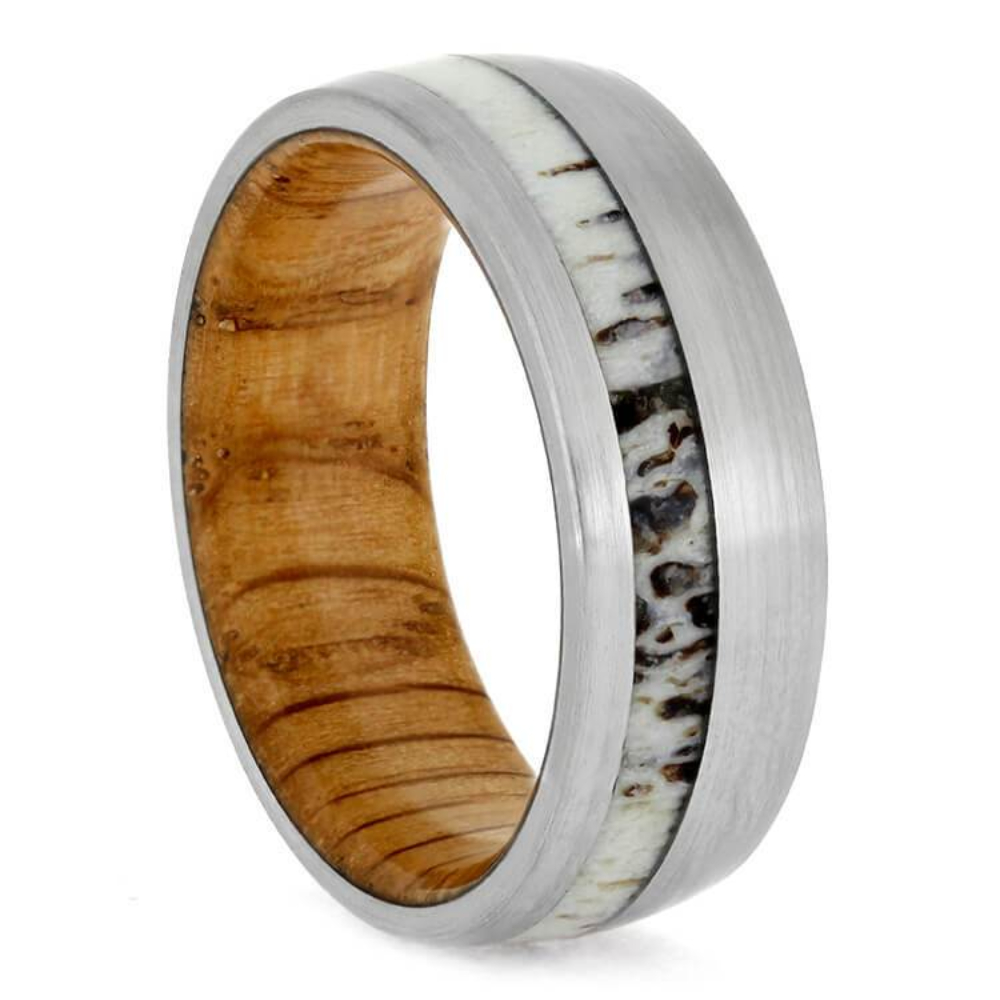  BRIGHT DEER ANTLER RING, TITANIUM WEDDING BAND WITH OAK WOOD SLEEVE