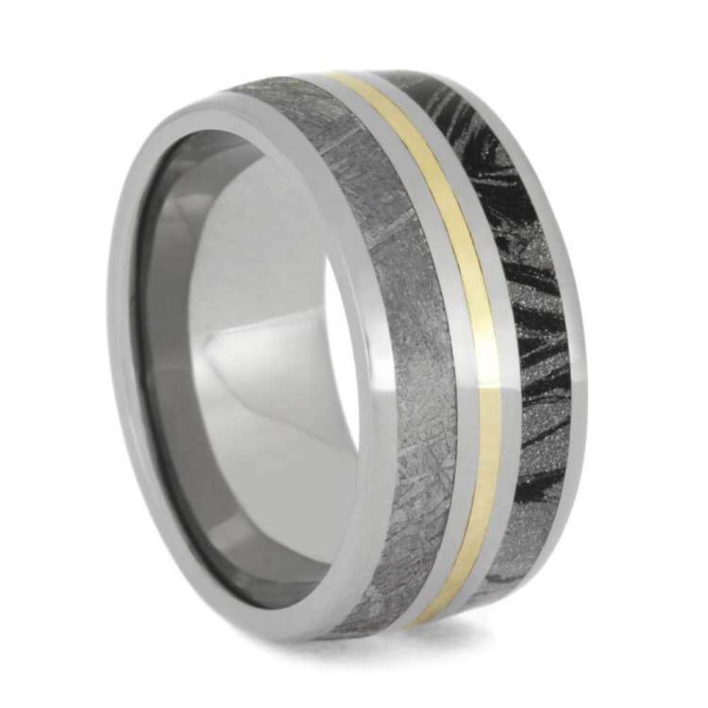  Gibeon Meteorite,Black and White Mokume Gane,14k Yellow Gold 9mm Comfort-Fit Titanium Band