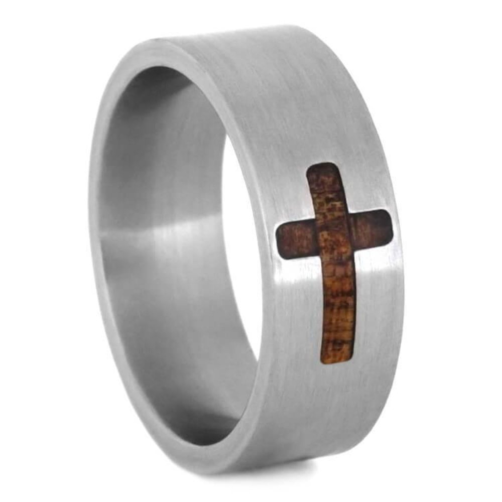  KOA WOOD CROSS RING, TITANIUM WEDDING BAND, FAITH JEWELRY