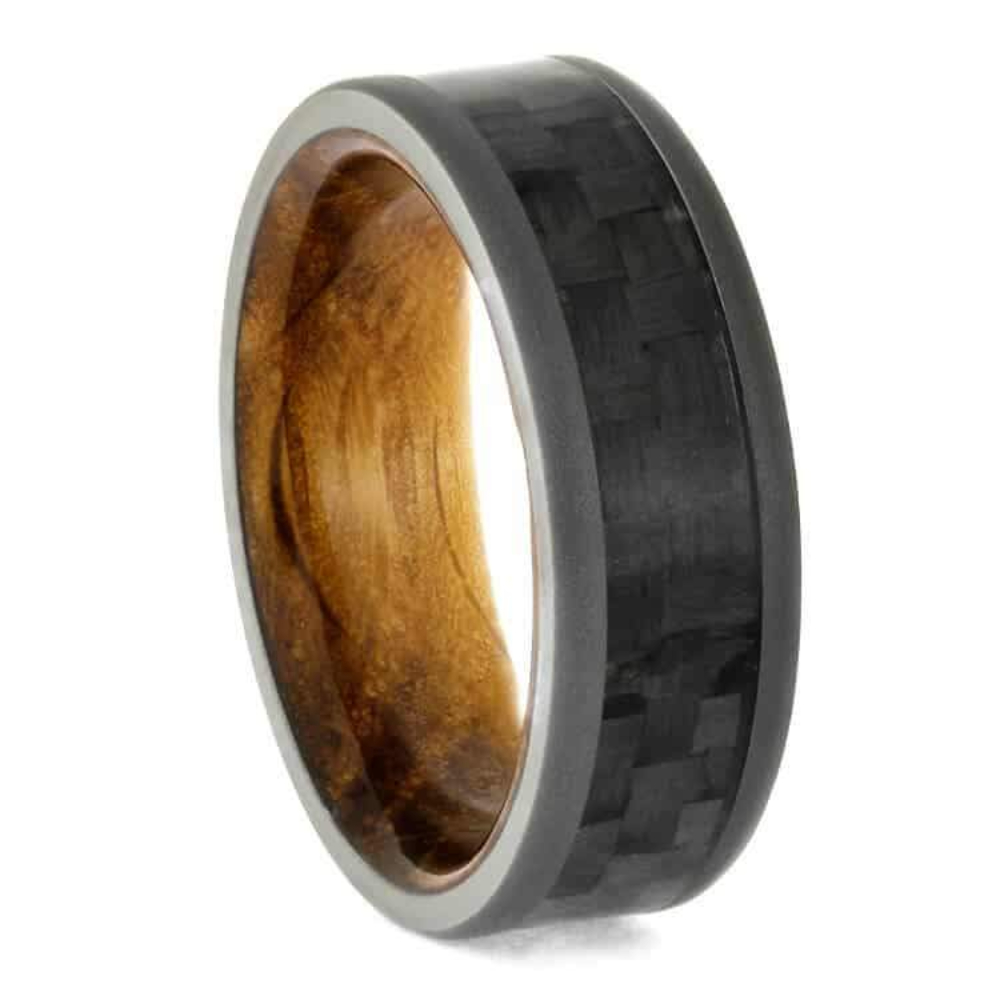  Stunning whiskey oak wood sleeve with a beautiful woven carbon fiber accented with sandblasted titanium comfort-fit wedding band.