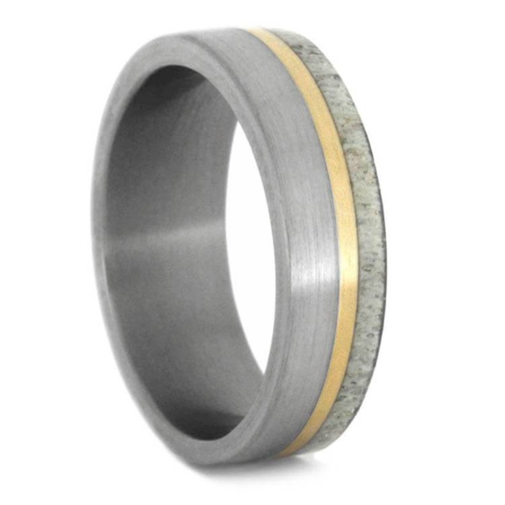 DEER ANTLER WEDDING BAND, BRUSHED TITANIUM RING WITH YELLOW GOLD PINSTRIPE