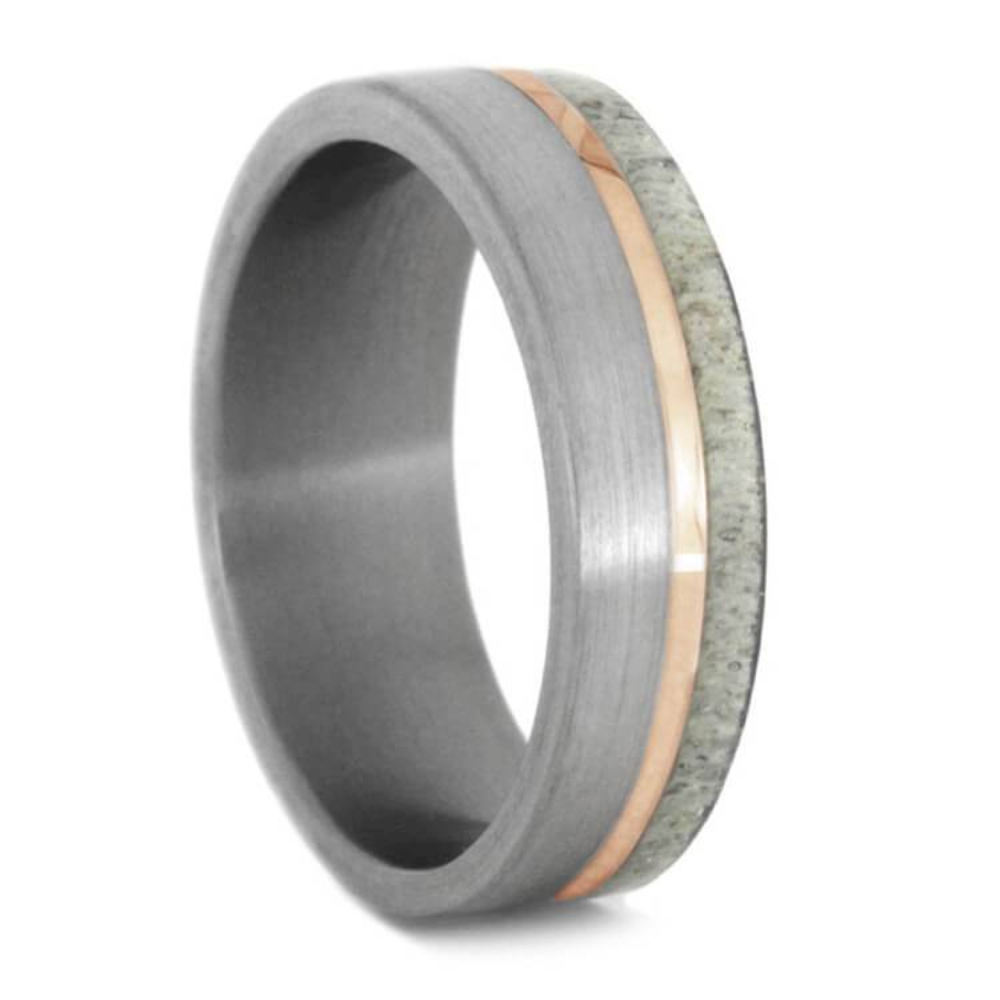  BRUSHED TITANIUM RING, DEER ANTLER WEDDING BAND WITH ROSE GOLD ACCENT