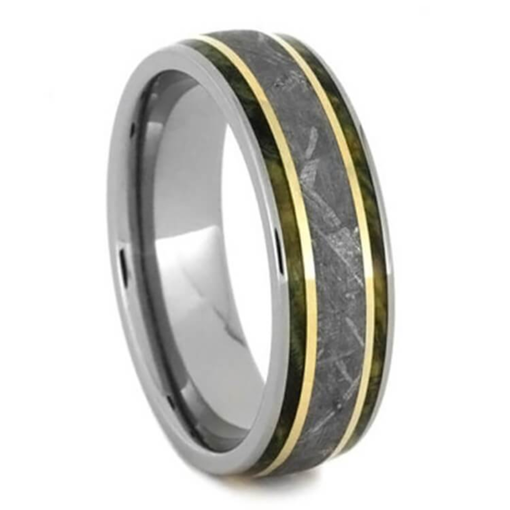 METEORITE WEDDING BAND WITH 14K GOLD STRIPES, GREEN WOOD INLAY RING