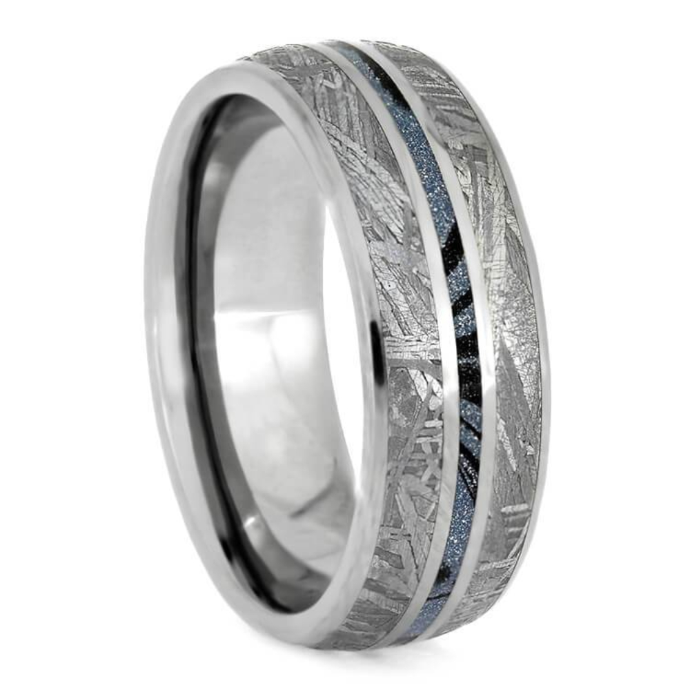  BLUE METEORITE RING, TITANIUM WEDDING BAND WITH MOKUME GANE