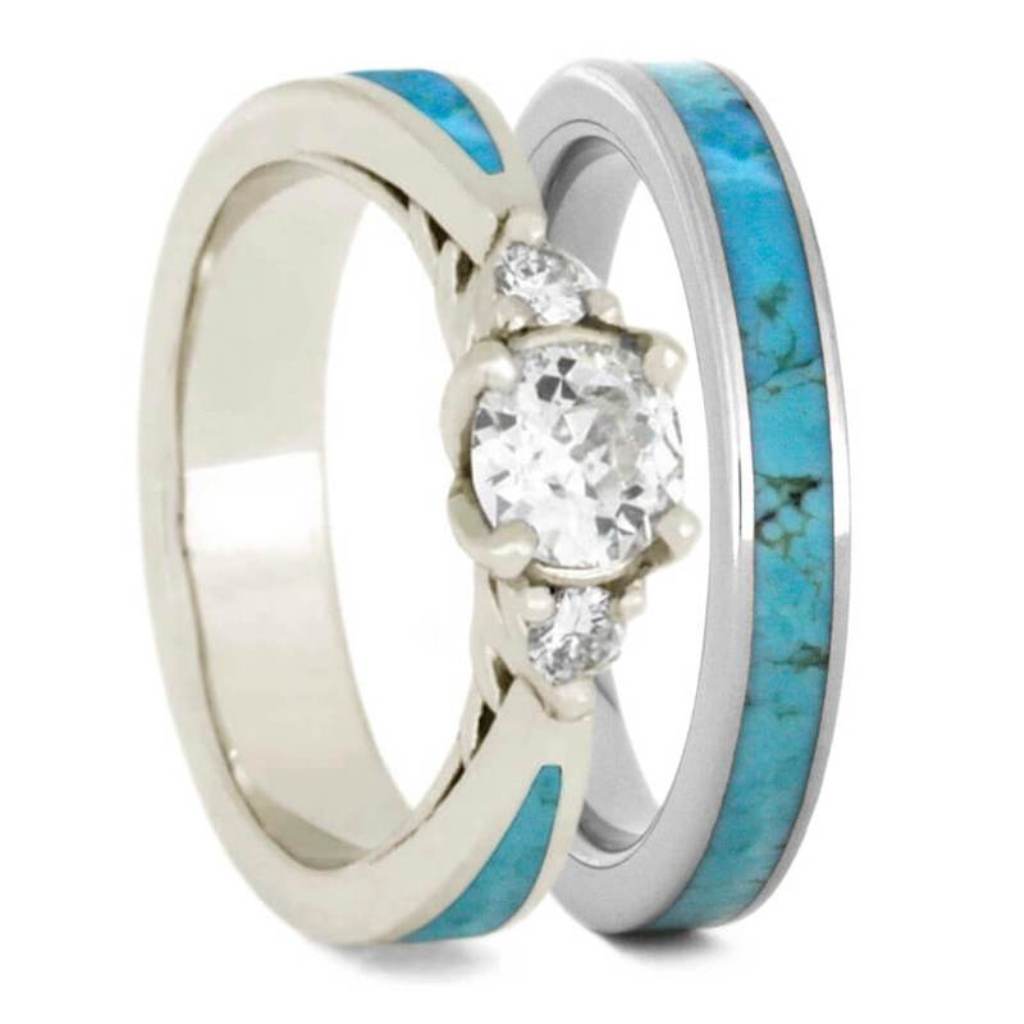 Turquoise Bridal Set, Moissanite Engagement Ring With Turquoise Band