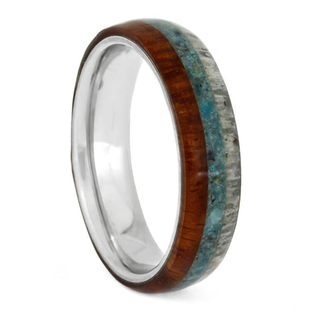  NATURAL TURQUOISE WEDDING BAND, DEER ANTLER RING WITH AMBOYNA WOOD