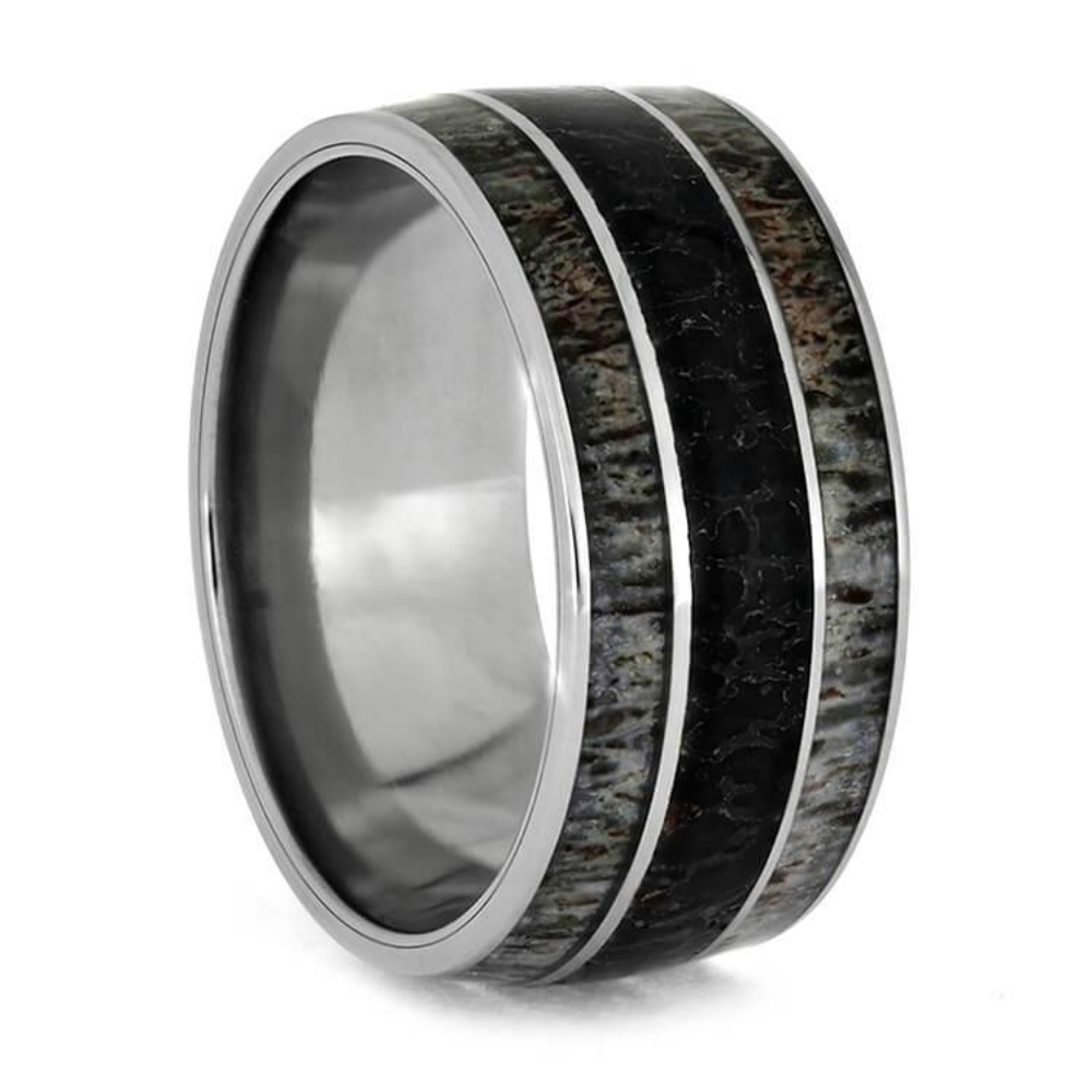  FOSSIL RING WITH DEER ANTLER, DINOSAUR BONE AND TITANIUM WEDDING BAND