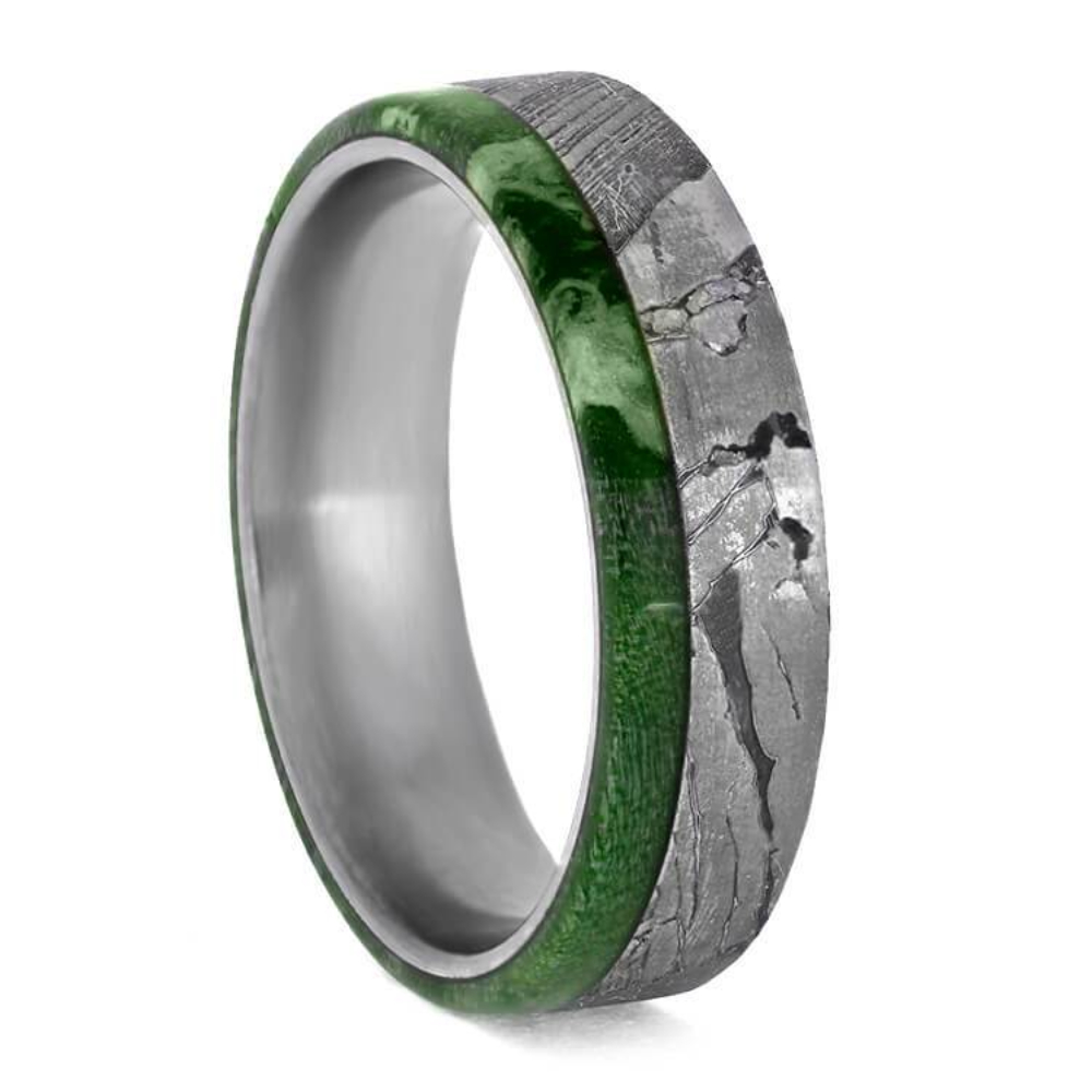  Seymchan Meteorite with Green Box Elder Burl 6mm Matte Titanium Comfort-Fit Wedding Ring