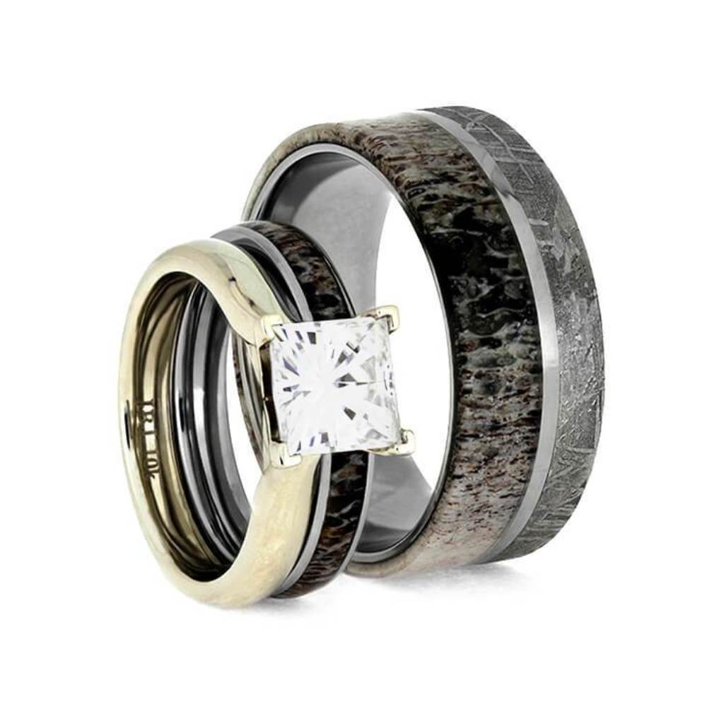 Deer Antler Wedding Ring Set With Moissanite Engagement Ring And Meteorite Wedding Band