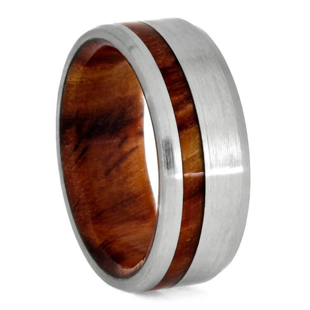  BRUSHED TITANIUM WOOD RING, BEVELED WEDDING BAND WITH TULIPWOOD SLEEVE