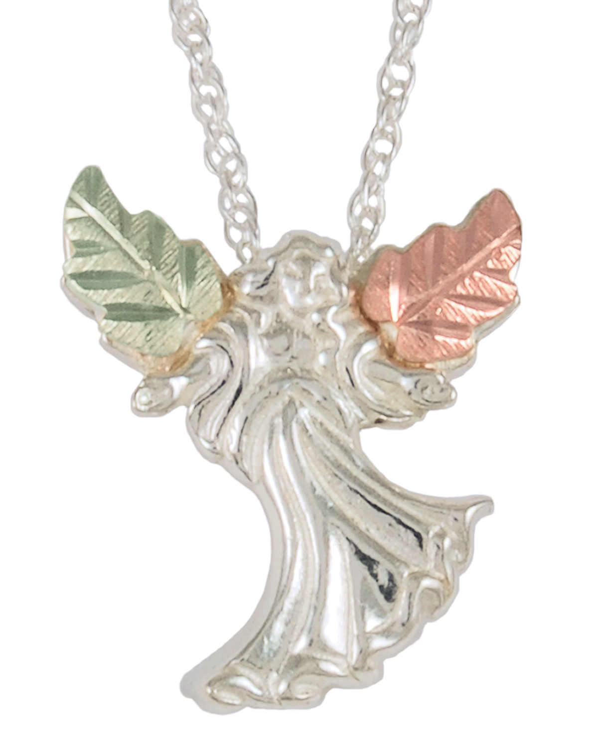 Angel Pendant Necklace, Sterling Silver, 12k Green and Rose Gold Black Hills Gold Motif 